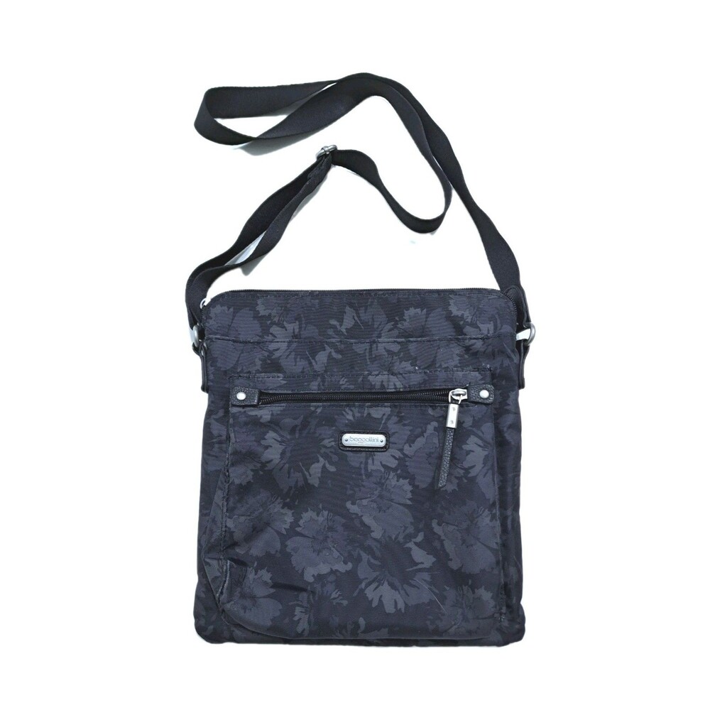 Baggallini Black Organized Go Bagg Crossbody Travel Handbag Floral Hibiscus